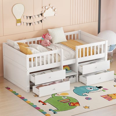 STILVORA Halfhoogslaper 90x200 cm – Eenpersoonsbed Met 4 Lades & Stevige Ladder – Veilig Hekwerk Voor Kinderkamer – Vurenhout – Wit – Zonder matras