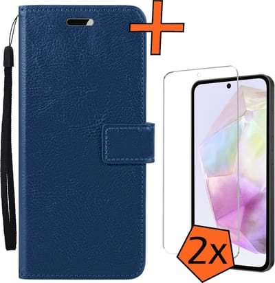 Hoes - Met 2x Screenprotector - Geschikt voor Samsung Galaxy A35 - Luxe Pasjeshouder - Bookcase Portemonee - Flip Case - Kunstleer Book Case - Flipcase Hoes - Book Cover - Walletcase - PortemonneeHoes - Donkerblauw