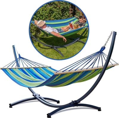 Hangmat met standaard - Dubbele hangmat - Ontspanning in de tuin - Stabiel stalen frame - 350 x 125 cm