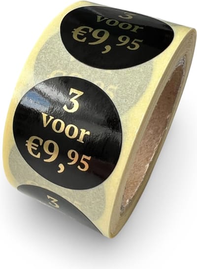 Reclame sticker - 3 voor €9,95 sticker - 250 Stuks - rond 25mm - korting sticker - promotie sticker - prijssticker - uitverkoop - aanbieding - goud - zwart - food sticker - reclame-etiket - voedseletiket - HACCP sticker