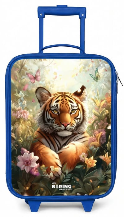 NoBoringSuitcases.com® - Kinderkoffer blauw - Kindertrolley jongen - Tijger in bloemenveld met vlinders en zonlicht - Koffer kind lichtgewicht - Reiskoffer trolley voor kinderen - Koffertje met lichtgevende wieltjes - Rolkoffer