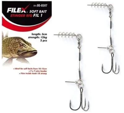 Filex Soft Bait Stinger Rig 'FIL1' - 2 stuks - enkele Dreghaak maat #2 - 5cm - 15kg - Speciaal voor Softbaits van 10-15cm - Roofvissen Onderlijn