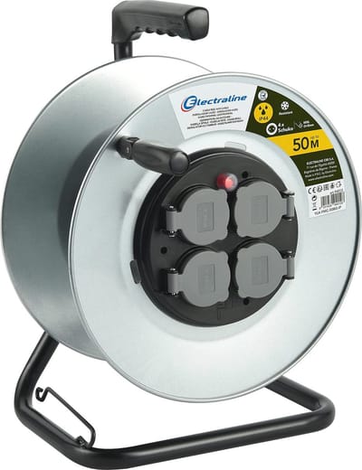 Professionele metalen constructiehaspel met 4 IP44-aansluitingen en ergonomische handgreep