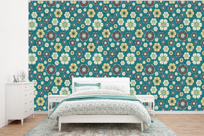 Behang - Fotobehang Retro - Bloemen - Patronen - Blauw - Breedte 320 cm x hoogte 240 cm