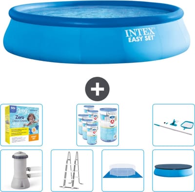 Intex Rond Opblaasbaar Easy Set Zwembad - 457 x 107 cm - Blauw - Inclusief Pomp - Ladder - Grondzeil - Afdekzeil Onderhoudspakket - Filters - Schoonmaakset
