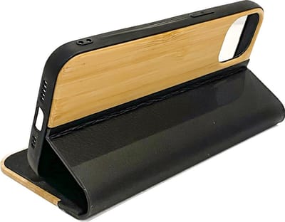 Houten design flip case, iPhone 13 pro max – Bamboe met zwart leer