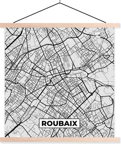 Posterhanger incl. Poster 40x40 cm - Schoolplaat - Plattegrond - Roubaix - Stadskaart - Kaart - Frankrijk - Textielposter - Blanke latten - Stadskaart