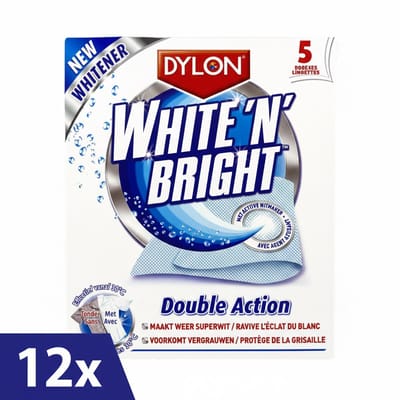 12 x Dylon White & Bright Vlekverwijderaar – Superwit & Vlekkeloos Wasgoed – Verwijdert Vlekken & Grauwe Waas – 5 Doekjes Voordeelverpakking