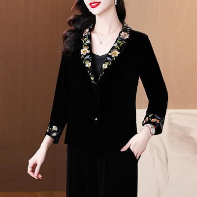 Blazer Temperament Moederpak Negenkwarts Mouw Moerbei Geborduurd Top High-end Forens Retro Jas Vrouwen 2XL black