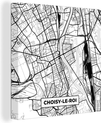 Canvas Schilderij Kaart - Plattegrond - Frankrijk - Stadskaart - Choisy-le-Roi - Zwart wit - 20x20 cm - Wanddecoratie