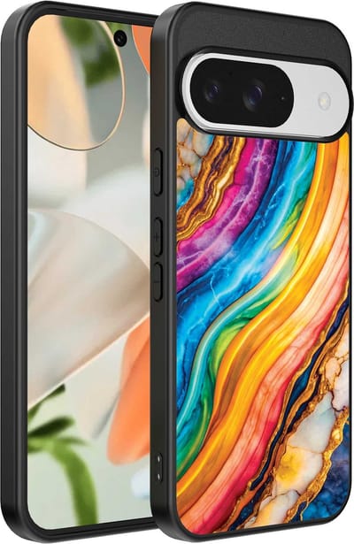 Geschikt voor Google Pixel 9 Telefoonhoesje met Regenboog Goud Marmer Opdruk - TPU Backcover Case Rainbow Gold Marble Design - Smartphonica geschikt voor Google Pixel 9