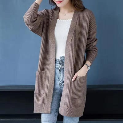 Cardigan tricoté à manches longues pour femme, pull sauvage, ample, extérieur, veste coréenne mi-longue, printemps et automne S marron