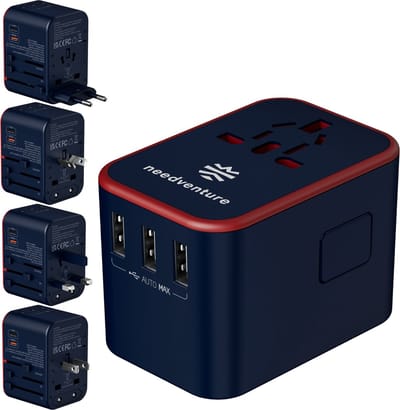 needventure® Reisstekker 213 landen - Universele Wereldstekker - 2 USB-C & 3 USB-A - Reisadapter Wereld Amerika (USA), Engeland (UK), Australië, Zuid Amerika, Afrika, Thailand - USB C Fast Charge Functie