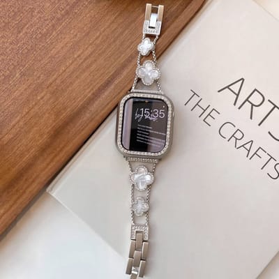 MY PROTECT - Luxe Metalen Clover Pearl Bandje - Geschikt Voor Apple Watch Bandje - Series 1/2/3/4/5/6/7/8/9/10/SE/Ultra - 44mm - 45mm - 46mm - 49mm - Starlight