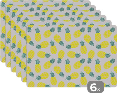 Placemat - Placemats kunststof - Zomer - Tropisch - Design - Ananas - 45x30 cm - 6 stuks - Hittebestendig - Anti-Slip - Onderlegger - Afneembaar