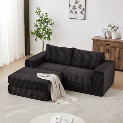 MODFU Slaapbank - 2-In-1 En Modulair - Verplaatsbare Voetsteun - Klassiek - Ribfluweel - Zwart