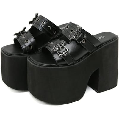 Gdgydh Goth Vleermuis Gesp Decor Platform Slippers voor Dames Mode Open Teen Zomer Schoenen Instappers Hoge Sandalen Slingback Buiten 36 black