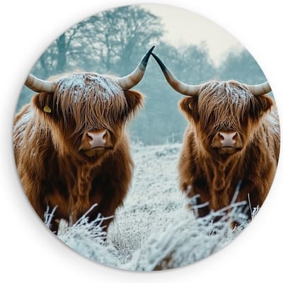 Saammp - Muurcirkel Hout - 2 Schotse Hooglander Koeien - Dieren - Landschap - Ø 90 - Wandcirkel - Wanddecoratie Cirkel - muurdecoratie Woonkamer - Slaapkamer decoratie - Rond Schilderij