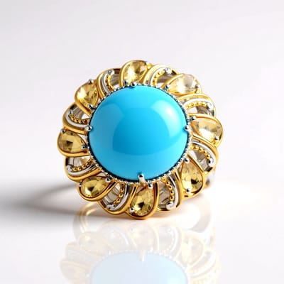 Cavill - Zilveren Edelsteenring - 925 Sterling Zilver met Palladium - 5,8 ct Kingman Turkoois & 1,44 ct Citrien - Blauwe Cabochon Bloemblaadjes
