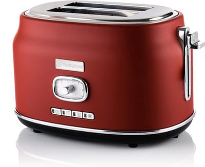 Westinghouse Retro Broodrooster – 2 Sneden – Extra Brede Sleuven – Warmhoudrek – 815W – Rood