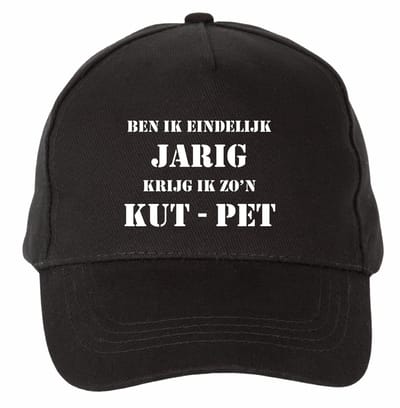 Mijncadeautje - 5 panel - Cap - Verstelbaar - Pet van 100% dik geborsteld katoen- unisex - opdruk wit - Ben ik eindelijk jarig - K** Pet - zwart