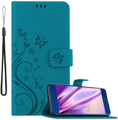 Cadorabo Hoesje geschikt voor Honor 9 in BLOEMEN BLAUW - Beschermhoes in bloemmotief met magnetische sluiting, standfunctie en kaartsleuven Book Case Cover Etui