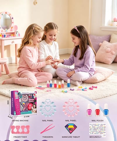 Nagelart speelset voor kinderen，geschikt voor meisjes van 7 tot 12 jaar，deze nagelsalonset bevat een nageldroger, sneldrogende nagellak en meer. De roze nageldroger is perfect voor manicures en is een ideaal verjaardags- of kerstcadeau.