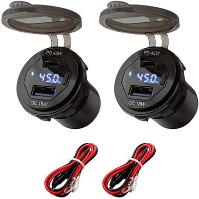 ProRide 12V USB-C Wandcontactdoos Inbouw - 45W - USB-A en USB-C - Wattagemeter - QC3.0 - Blauw - Kabel en Zekering - 2 stuks