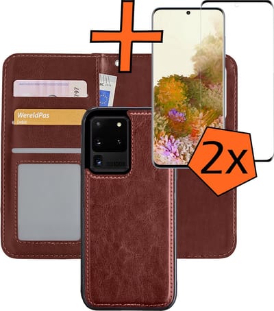 Hoes - 2 in 1 - Geschikt voor Samsung Galaxy S20 Ultra - Met 2x Screenprotector - En Uitneembare Hard Cover - Bookcase - Wallet Case - Met Pasjeshouder - Book Case - Uitneembaar - Pashouder - Kunstleer - Bruin