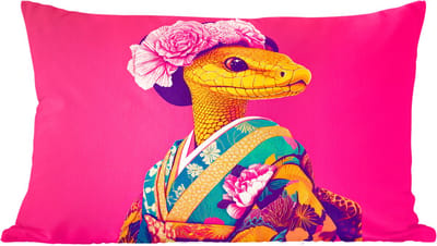 Sierkussens - Kussentjes Woonkamer - 60x40 cm - Hagedis - Bloemen - Roze - Kimono