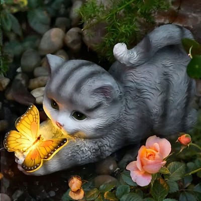 GELLDG Tuinbeelden met Solarverlichting - Decoratieve Kat Figuur voor Buiten - 22x11x15cm - 6-8 Uur Lichtduur - Geschikt voor Tuin Balkon en Binnenplaats - Kunststof - Solar Ornament
