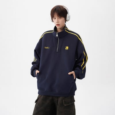 Pull Col Montant Couple Homme Automne Rétro Haut Demi-zip Sens du Design Veste de Sport Lourde XXXL naval