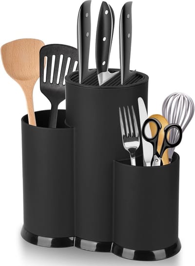 SnelShoppen - KOMABLEN 3-in-1 Messenblok - Universele Ronde Messenhouder - Multifunctionele Plastic Messenhouder voor Keuken - Zwart - Geschikt voor A
