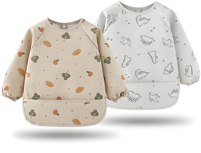 Slabbetjes met mouwen, zacht en huidvriendelijk slabbetje met mouwen, waterdichte babyslabbetjes met lange mouwen, wasbaar in de wasmachine, 2 stuks, 1, Eén maat