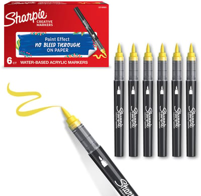 Sharpie Creative Marker Acrylverfmarkers | Brushtip | Verfmarkers op waterbasis | Inkt loopt niet door en geschikt voor de meeste oppervlakken | Geel | 6 stuks