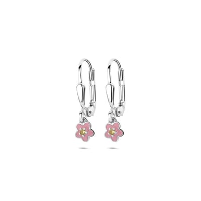 Zilveren gerhodineerde oorhangers emaille bloem brisur haak zirkonia 19 mm - 1341316