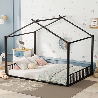 Gutent Kinderbed, Zwart (Zonder matras), 140x200 cm, Plat bed, ijzeren bed, huisvormen
