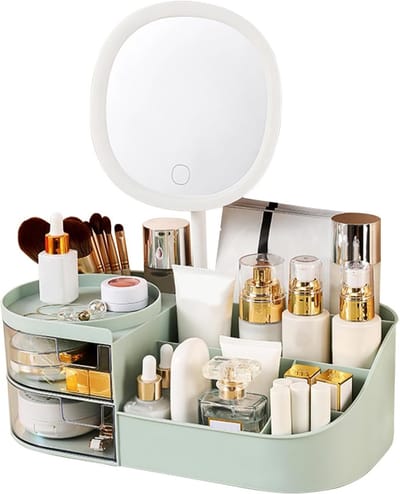 Make-up Organizer met Oplaadbare Spiegel, Borstelhouder met 2 Laden, Huidverzorging en Cosmetica Organizer voor Bureau, Grote Capaciteit voor Slaapkamer en Badkamer