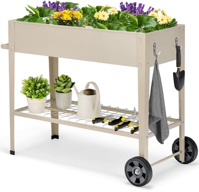 COSTWAY Verhoogd tuinbed met plank en 2 wielen, verhoogd metalen tuinbed, plantenbak met haak en handvat, groentebed, kruidenbed, groot, voor balkon, tuin, terras, 95 x 40 x 80 cm