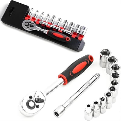 12-delige Dopsleutelset met 1/4 inch Omschakelratel en Magnetische Schroevendraaierbits