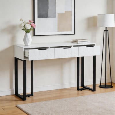 Komhtom - Moderne consoletafel met lades - goudkleurig onderstel met verstelbare voetkussens en elegante handgrepen - wit+zwart