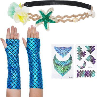 Betoverende Zeemeermin Accessoires voor Vrouwen - Haarband, Handschoenen, Ketting, Sterrenvis Oorbellen en Gezichtstickers voor Carnaval en Cosplay Feestjes