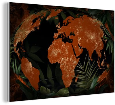Aluminium schilderij 150x100 cm - Wanddecoratie metaal - Wereldkaart - Planten - Wereldbol - Metalen muurdecoratie woonkamer - Decoratie industrieel - Foto op dibond - Industriële accessoires slaapkamer