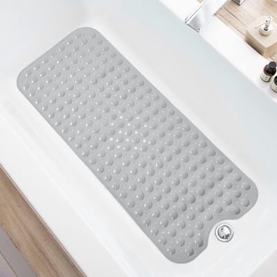 Extra lange antislip badmat voor douche met afvoergaten en zuignappen - Machinewasbare badmat (grijs) Bubbelbadmat
