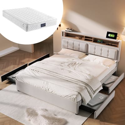 STILVORA Gestoffeerd Bed 140x200cm - Verstelbaar Hoofdeinde ±12cm - Met USB‑C En Stopcontacten - Linnen Bekleding - Zonder Matras - Lichtbeige