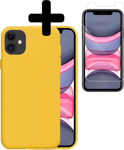 Hoesje - Met Screenprotector - Geschikt voor Apple iPhone 11 - Sterk & Shockproof - Back Cover - Siliconen Case - Telefoon Hoes - Telefoonhoesjes - Geel