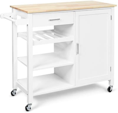 Keukeneiland - Verplaatsbaar - Keukenkast - Dressoir - Organizer - Kasten - Houten Werkblad - Lade - Wit