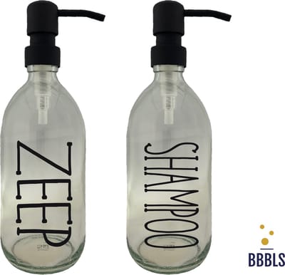 BBBLS® Design Dispenser Giftset "Zeep Shampoo" | Transparant Glas | 500ml | RVS / Metaal Pomp Zwart | Zeeppomp | Zeepdispenser | Zeephouder