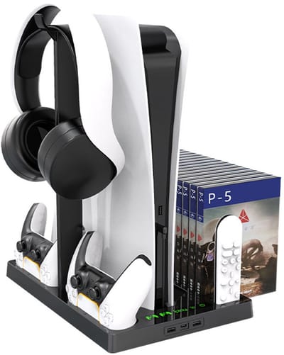NAXSIR PS5 Oplaadstation met Koelventilator & Gamepad Standaard - Verticale Opbergstandaard voor PS5 Controller - Snel Opladen