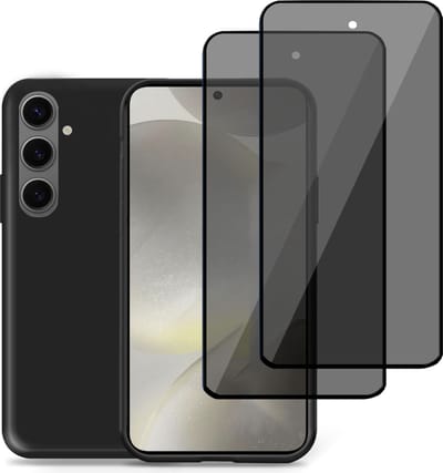 Hoesje + 2x Privé Screenprotector geschikt voor Samsung Galaxy S24 – Privacy Tempered Glass - Back Case Cover Zwart